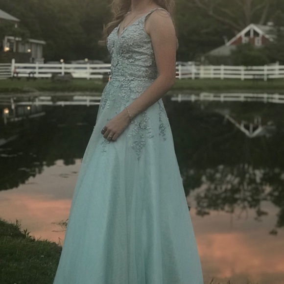 open lace back dress David's bridal Prom/Bridal Satiny Deep Blue Dress